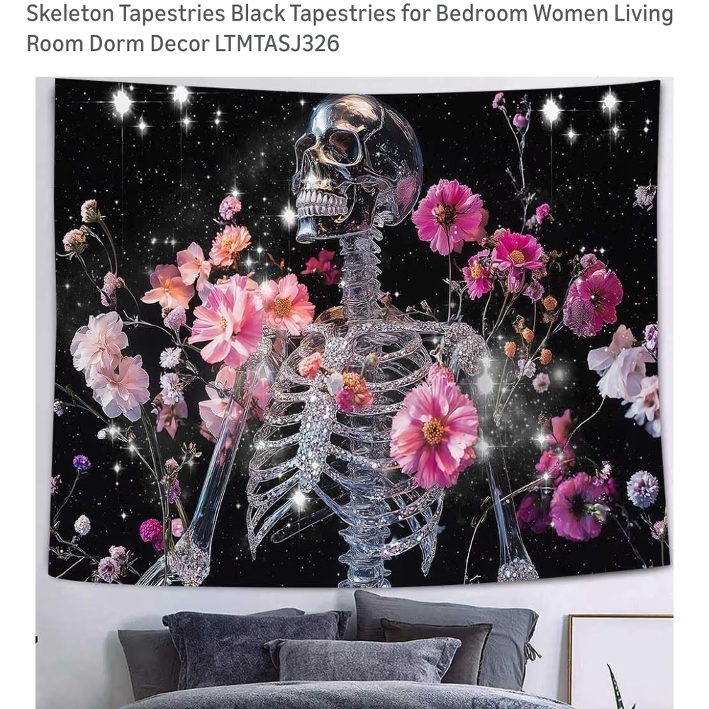 Floral Skeleton Tapestry - Black and Pink